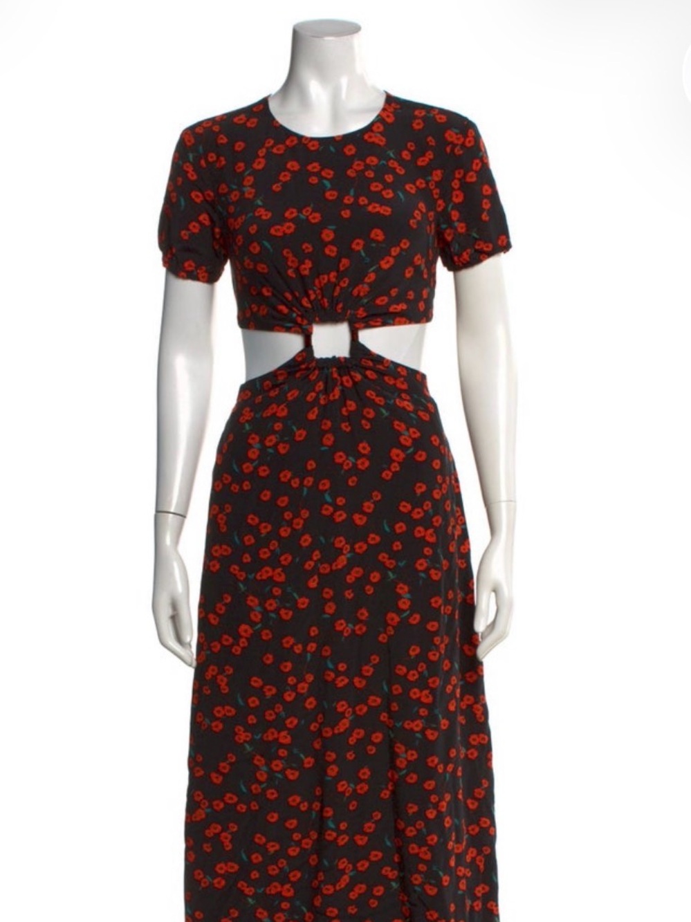 STAUD Black Floral Cutout Maxi Dress with Red Print
